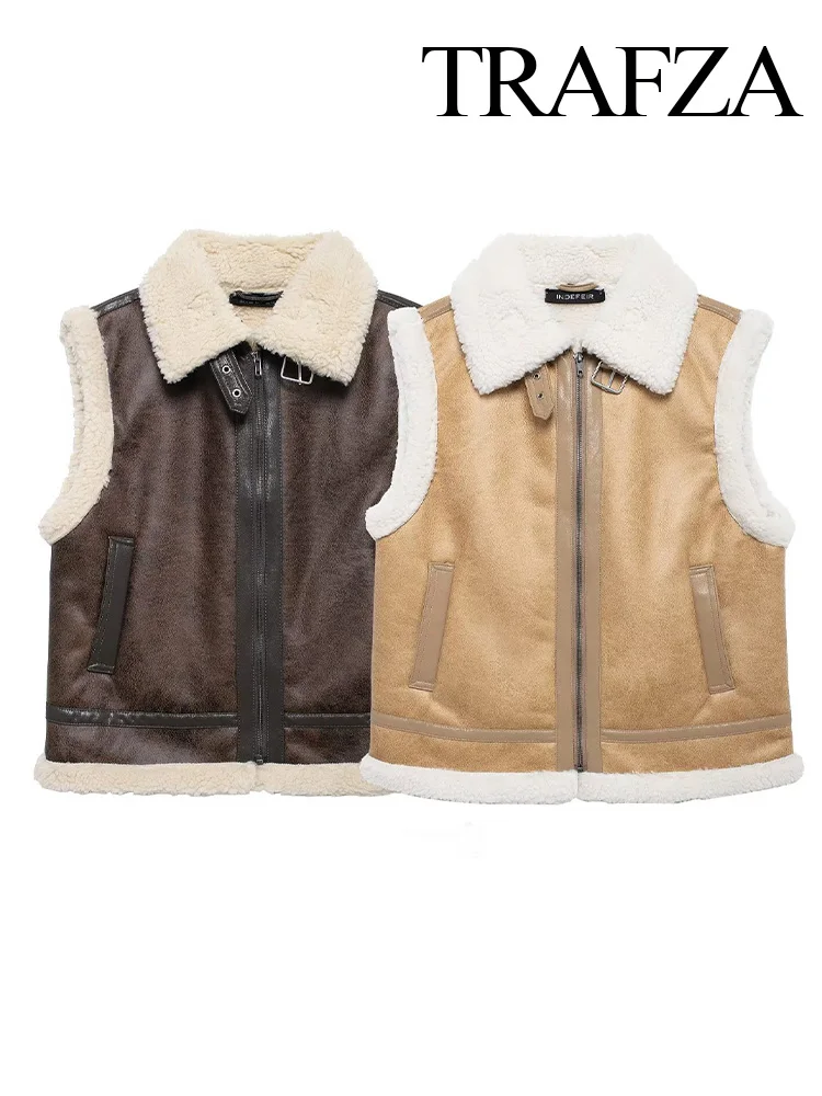 TRAFZA Women Winter Elegant Solid Thickened Turn-down Collar Vest Sleeveless Pocket Jacket Female Comfortable Teddy Velvet Top