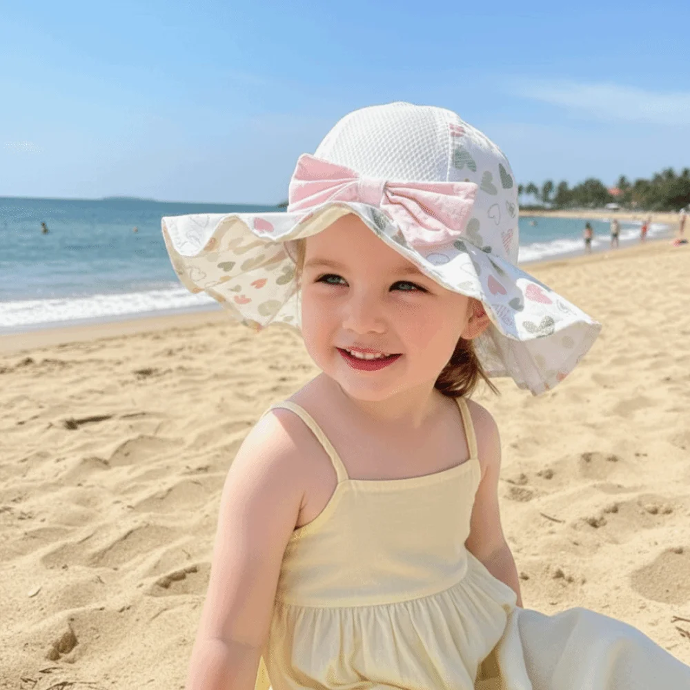 Breathable Princess Bow Fisherman Hat Ruffle Brim Sweet Bowknot Children Mesh Basin Cap Solid Color Cute Summer Sun Hat