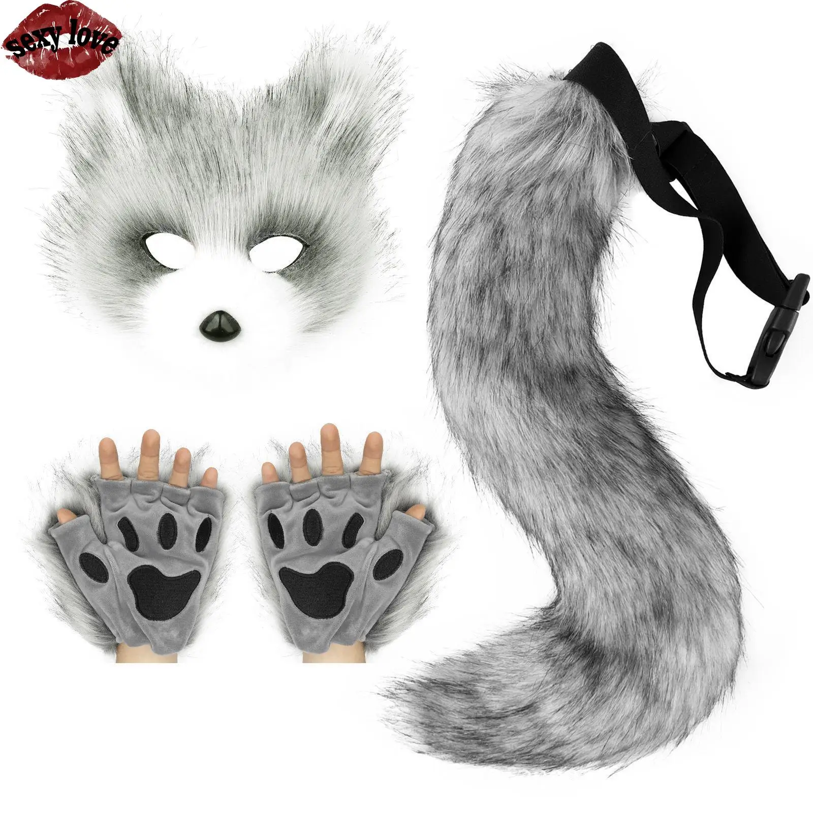 Fashion Festival Cosplay Accessories Halloween Decoration Plush Cat Fox Tail Orc Style Mask Gloves Three Piece Set Cosplay Props