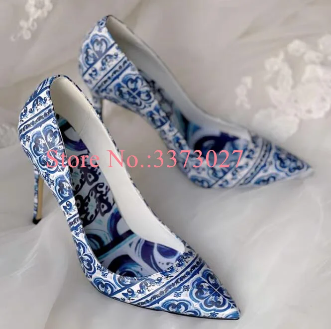 

Blue And White Porcelain Woman Shoes New Design Fashion Leather High Heels Lady Pumps Sexy Female Pointed Toe Banquet Shoes