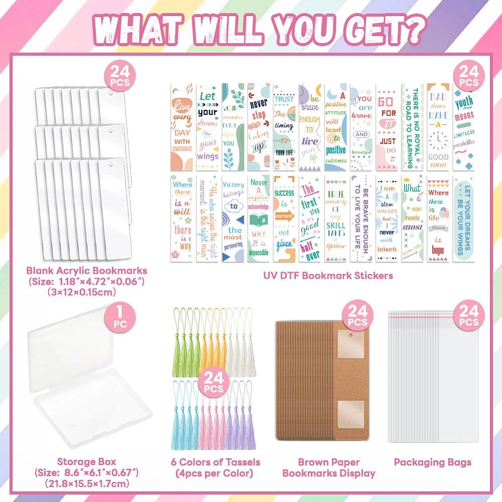 121pcs Inspirational Word UV DTF Bookmark Making Kit Acrylic Carft for Women Men Adult DIY Personalized Cute Bookmarker Decal