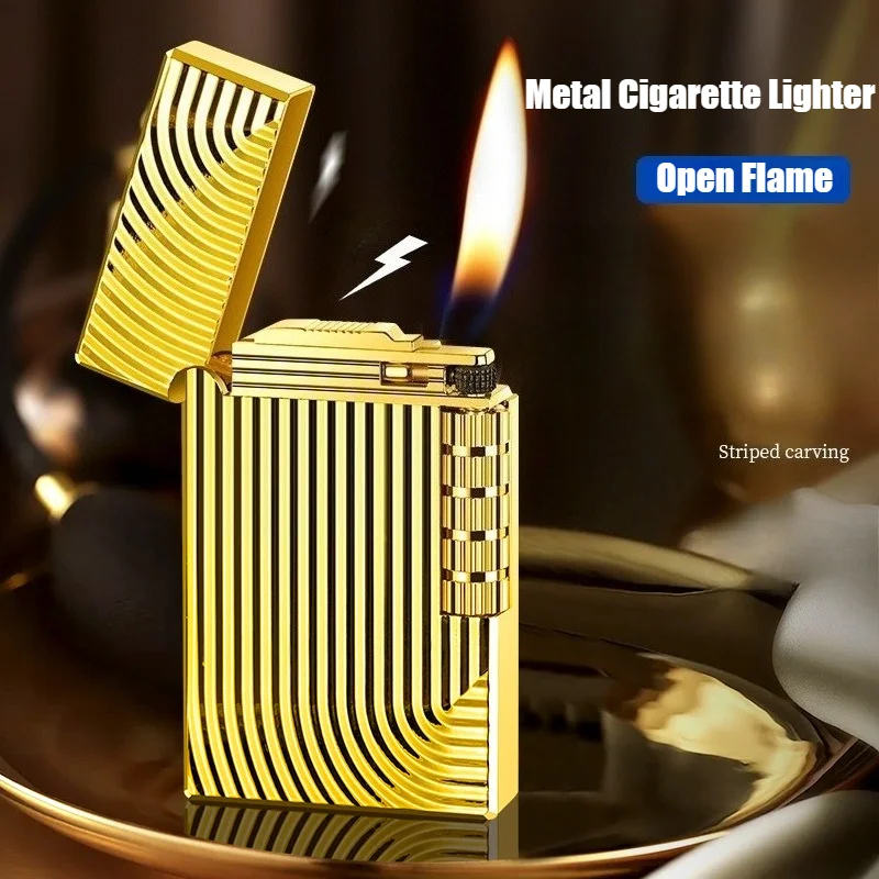 Exquisite Striped Metal Loud Sound Lighter Grinding Wheel Side-slip Windproof Open Fire Cigarette Lighters & Smoking Accessories