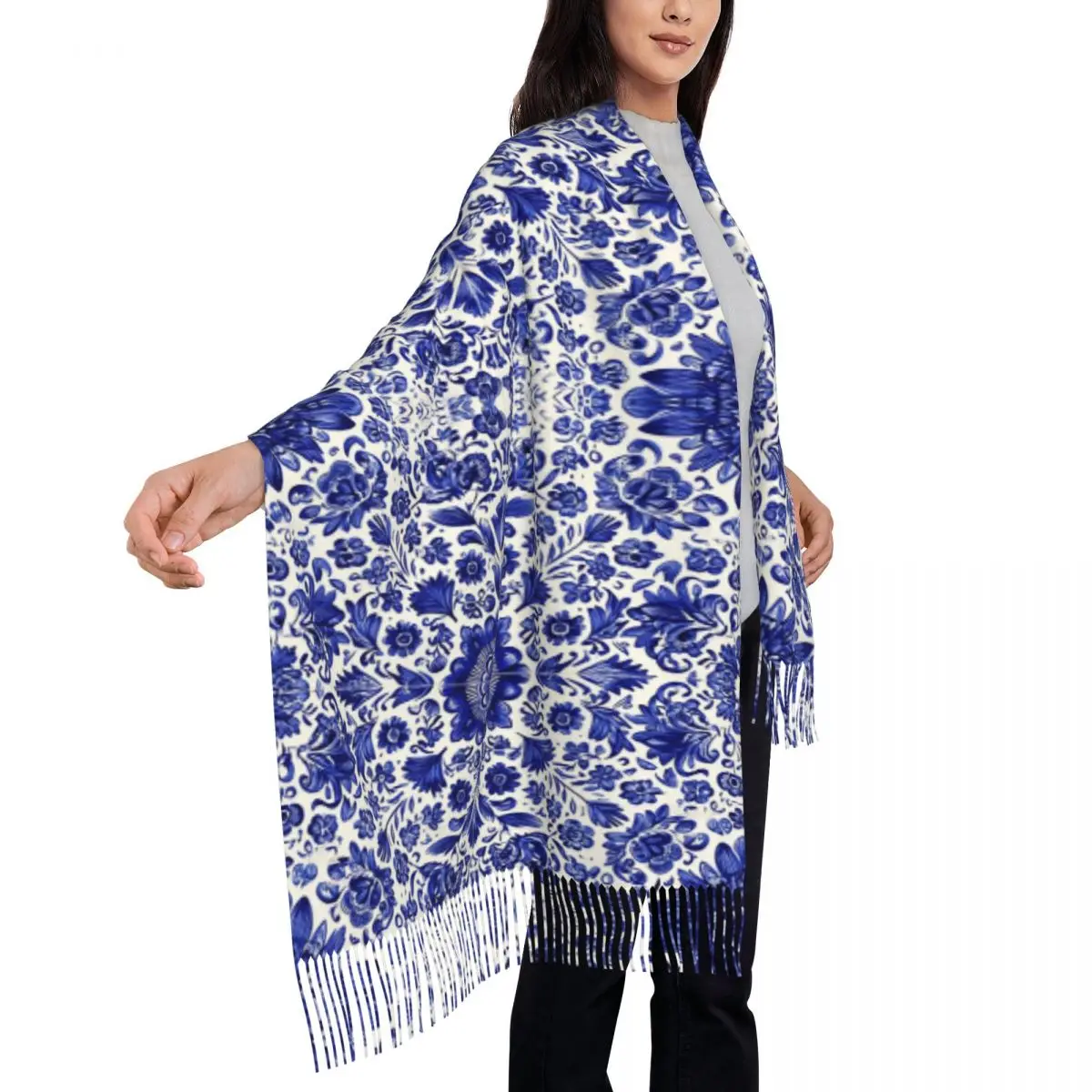 

Portuguese Tile Portugal Azulejo Flower Scarf Tassel Scarves Women Soft Warm Shawls and Wraps Large Fall Winter Shawl Wrap