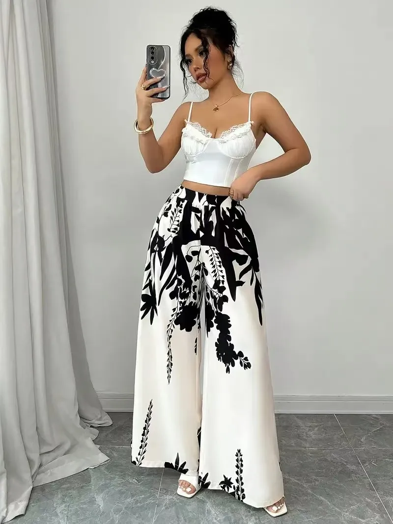 2025 women's fashion printed lace up waist slimming casual pants for women