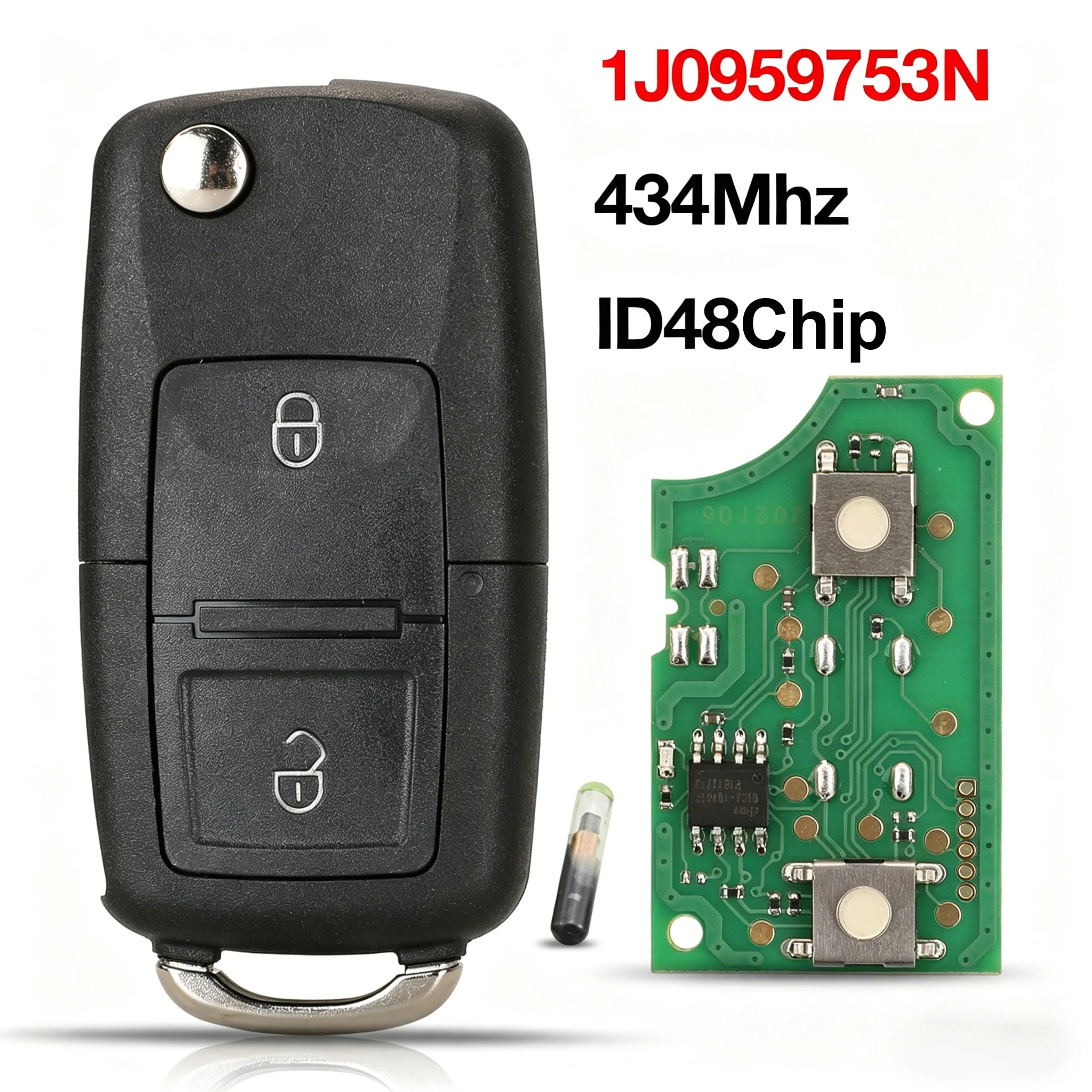 

434MHz ID48 Chip Remote Car Key Fob 2 Button Uncut Flip Key For VW Golf Bora Passat Skoda Octavia Seat Leon 1J0959753N