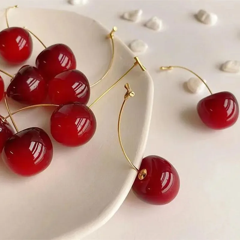 New Cute Simulation Red Cherry earrings Sweet Resin Hot Sale For Women Girl Student Fruit 1Pair Earring Gift