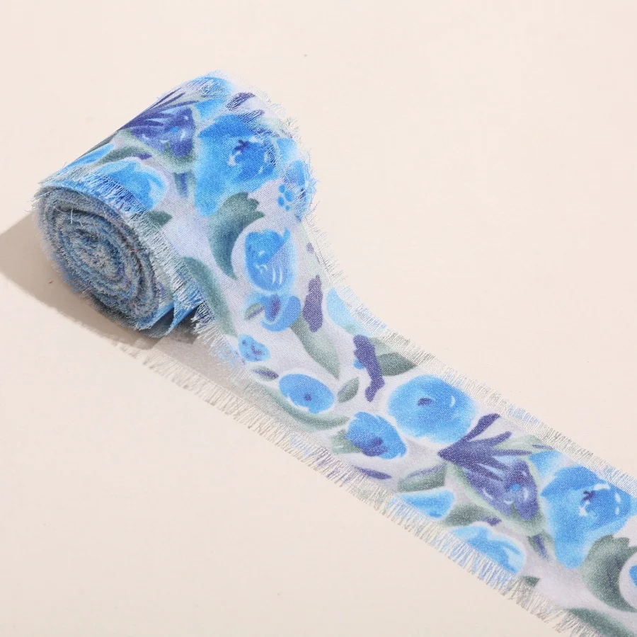 1 Rolle 5m*4cm Ausgefranstes Satinband mit handbedruckten Blumen aus Chiffon-Seide für Hochzeitssträuße, Geburtstagsfeiern und DIY-Dekorationen – Detail 2