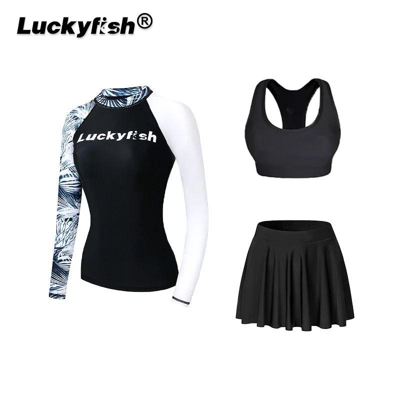 النساء 3 قطعة طويلة الأكمام مقاوم للماء دنة الاستحمام طفح الحرس قميص جذوع تنورة UPF50 + سريعة الجافة الشاطئ تصفح ملابس رياضية #4