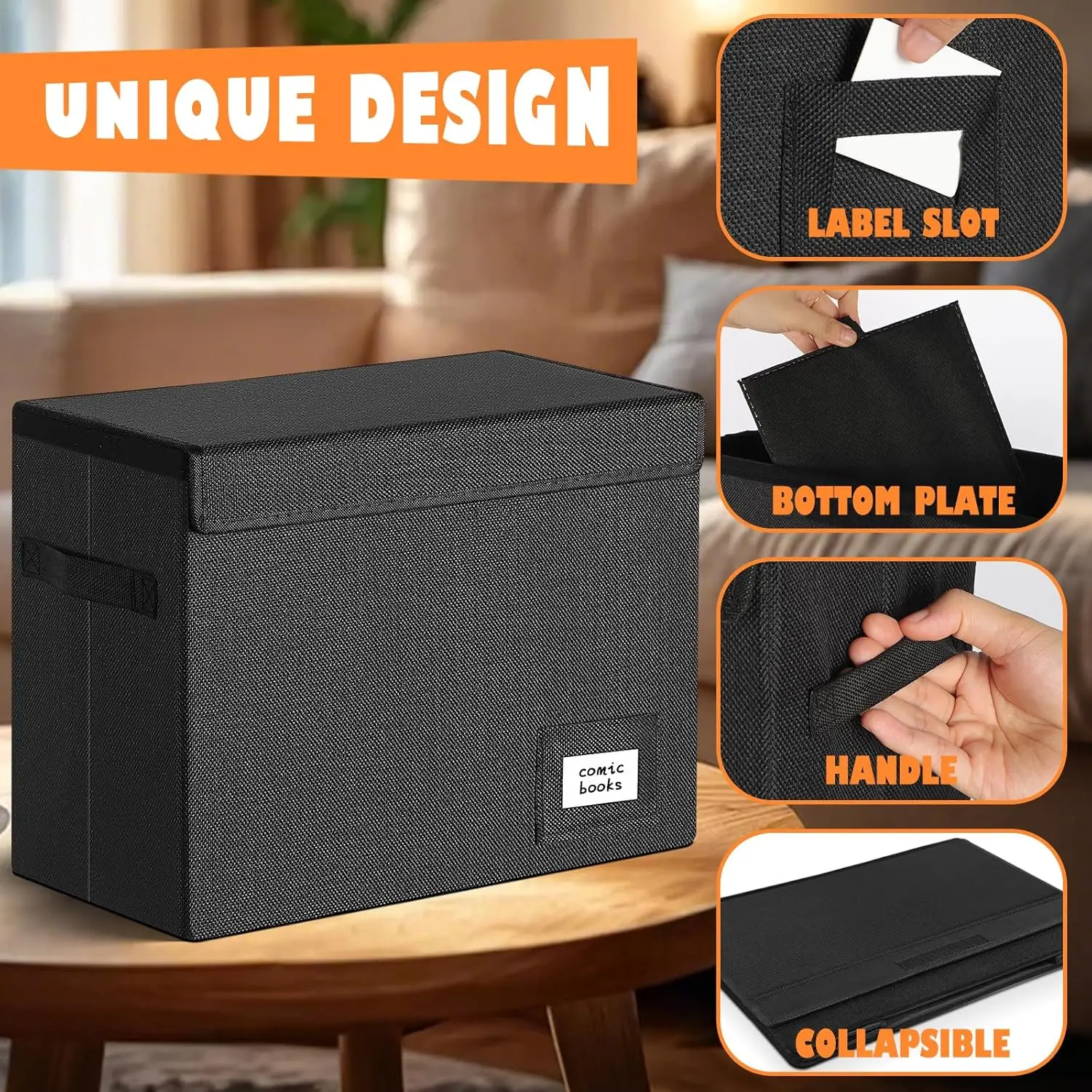 صندوق تخزين الكتب الهزلية القابلة للطي، حامل مقاوم للرطوبة قابل للتكديس مع غطاء، يحمل 150 كوميكس، 15.5 × 7.5 × 11.3 بوصة