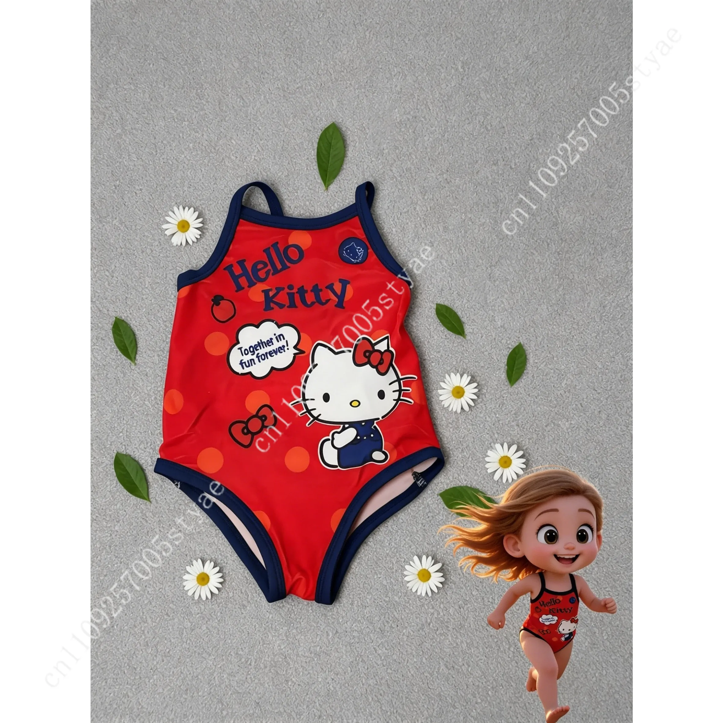 Sanrio Hello Kitty Girls' Summer Swimwear Summer New Style One-Piece Swimsuit Hello Kitty Cat Print Back Hollow Out Soft