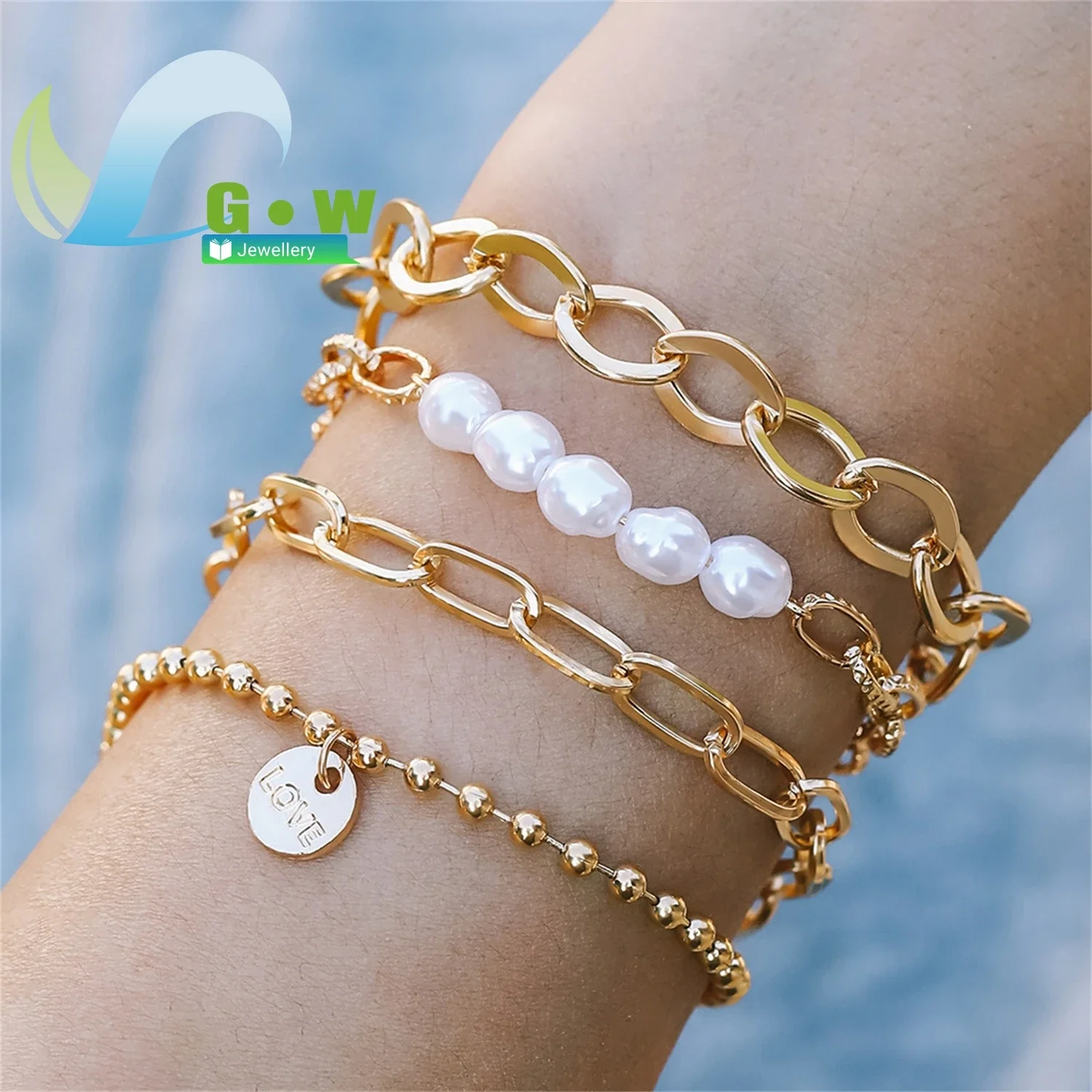 Pearl Bracelet Set Thick Chain Love Letter Charm 4 Piece Stackable Wristband Women Girls Daily Casual Party Layered Mix Match Je