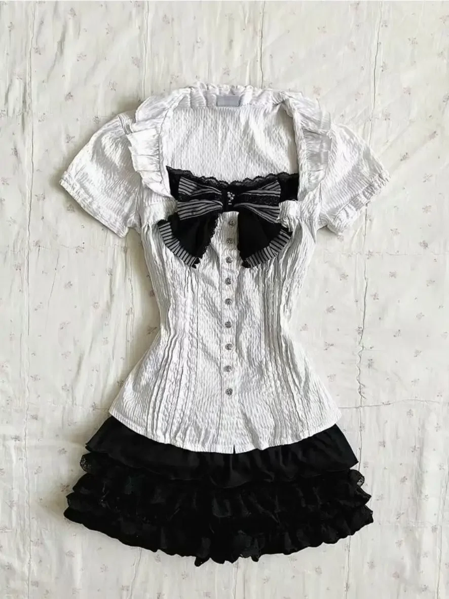 

Punk y2k Retro Short sleeve T shirt summer Crop Top gothic Aesthetic bow top Women's Sexy Sling Mini skirt Hotsweet Girl Dresses