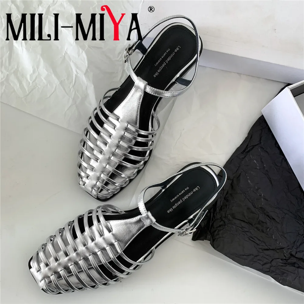 

MILI-MIYA Women's Cowhide Woven Hollow Square Head Flat Sandals Versatile Casual Style Buckle Strap Big Size 34-40 Handmade