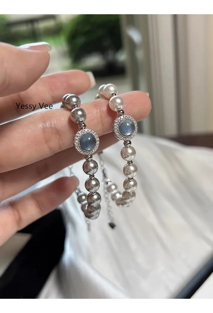 Yessy Vee Women Sparkling Aquamarine Bracelet 925 Silver Top Quality Strong Light Pearl Bracelet Luxury Elegant Hand Chain