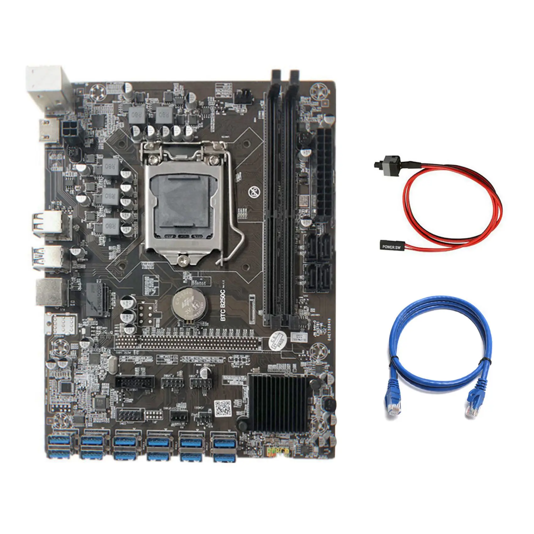 

B250C Mining Motherboard with RJ45 Network Cable+Switch Cable 12 PCIE to USB3.0 GPU Slot LGA1151 Support DDR4 for Miner