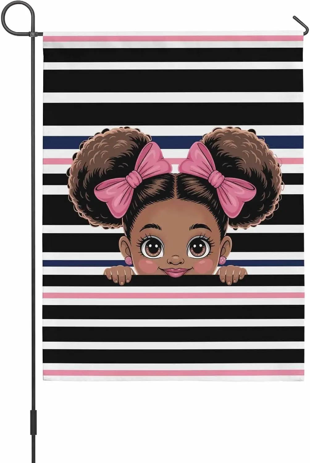 African Black Girl Pink Bow Garden Flag Holiday Yard Flags Black White Stripes Garden Flags for Outside Double Sided Seasona yyi