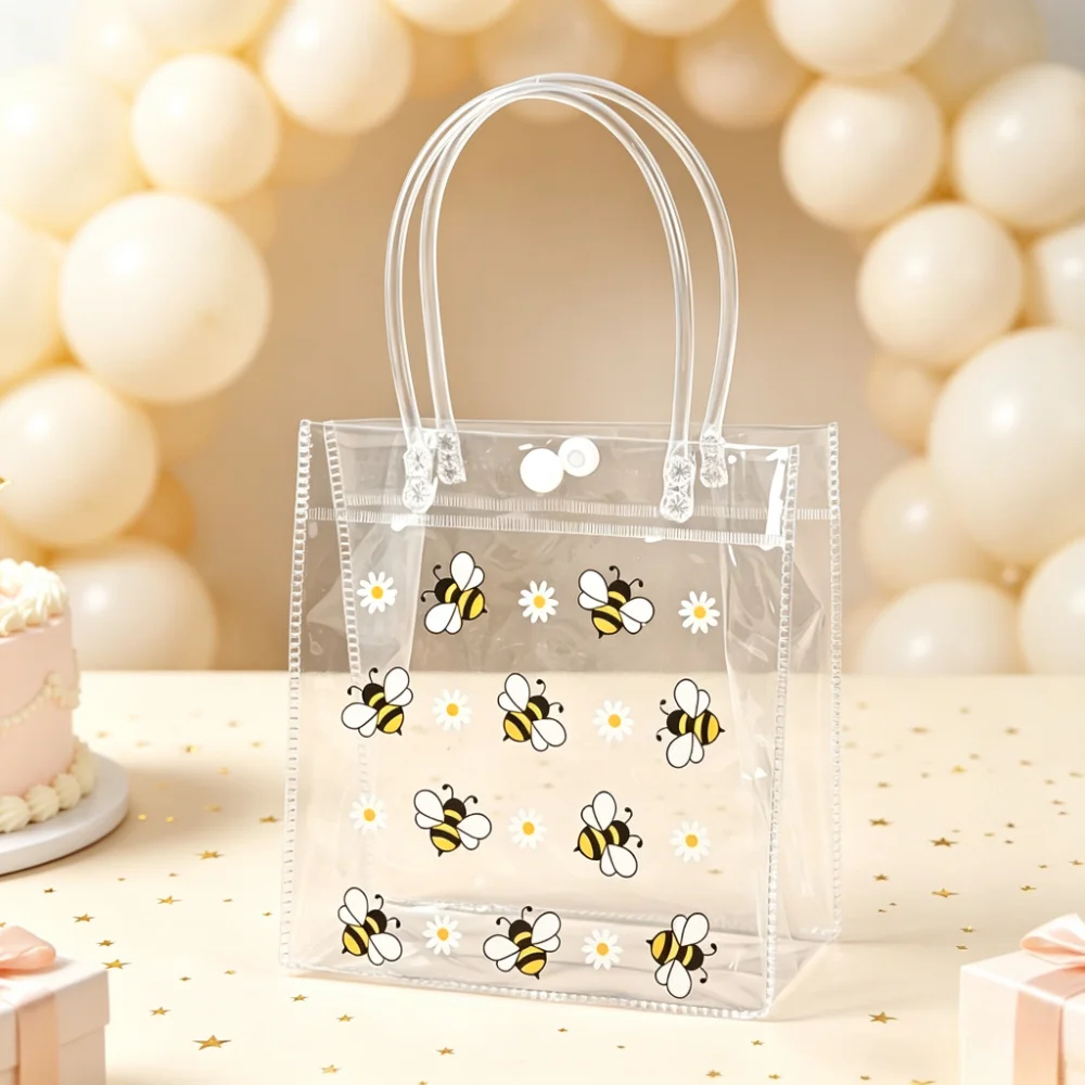 4 Stück Transparente Bienen-Geschenktüten aus PVC mit Druckknopf und Gänseblümchen-Print, Süßigkeitentaschen für Hochzeit, Brautparty, Festival, Partydekoration