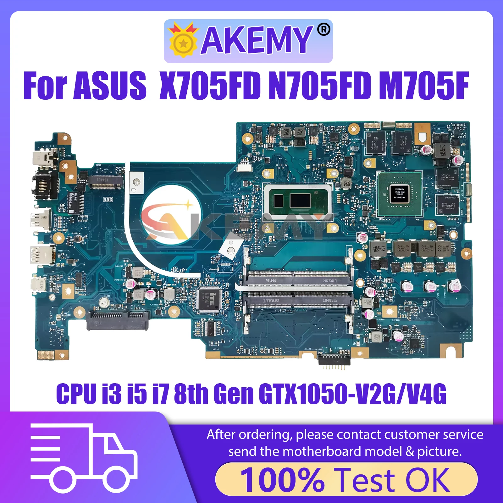 AKEMY X705FD Mainboard For Asus Vivobook Pro M705F N705FD Laptop Motherboard With CPU i3-8145U i5-8265U i7-8565U GTX1050-2G/4G