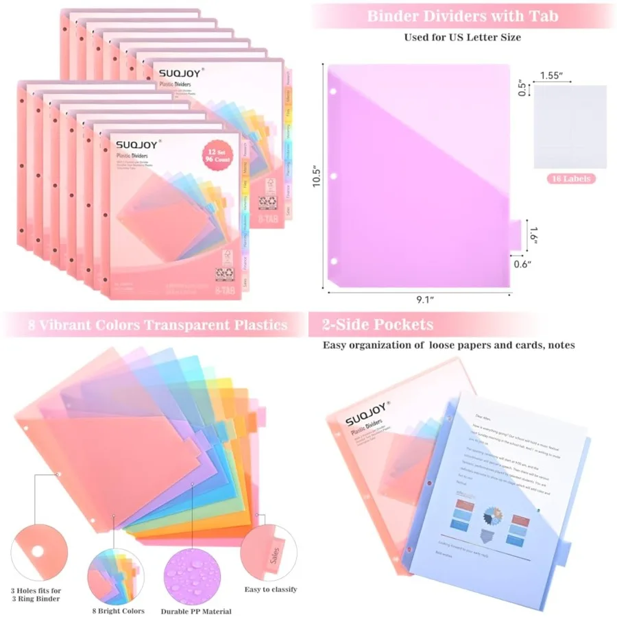 

8-Tab Dividers for 3 Ring Binder, 96 Count Binder Dividers with Pockets, Subject Dividers, 3-Hole Plastics Sheets Protectors fo