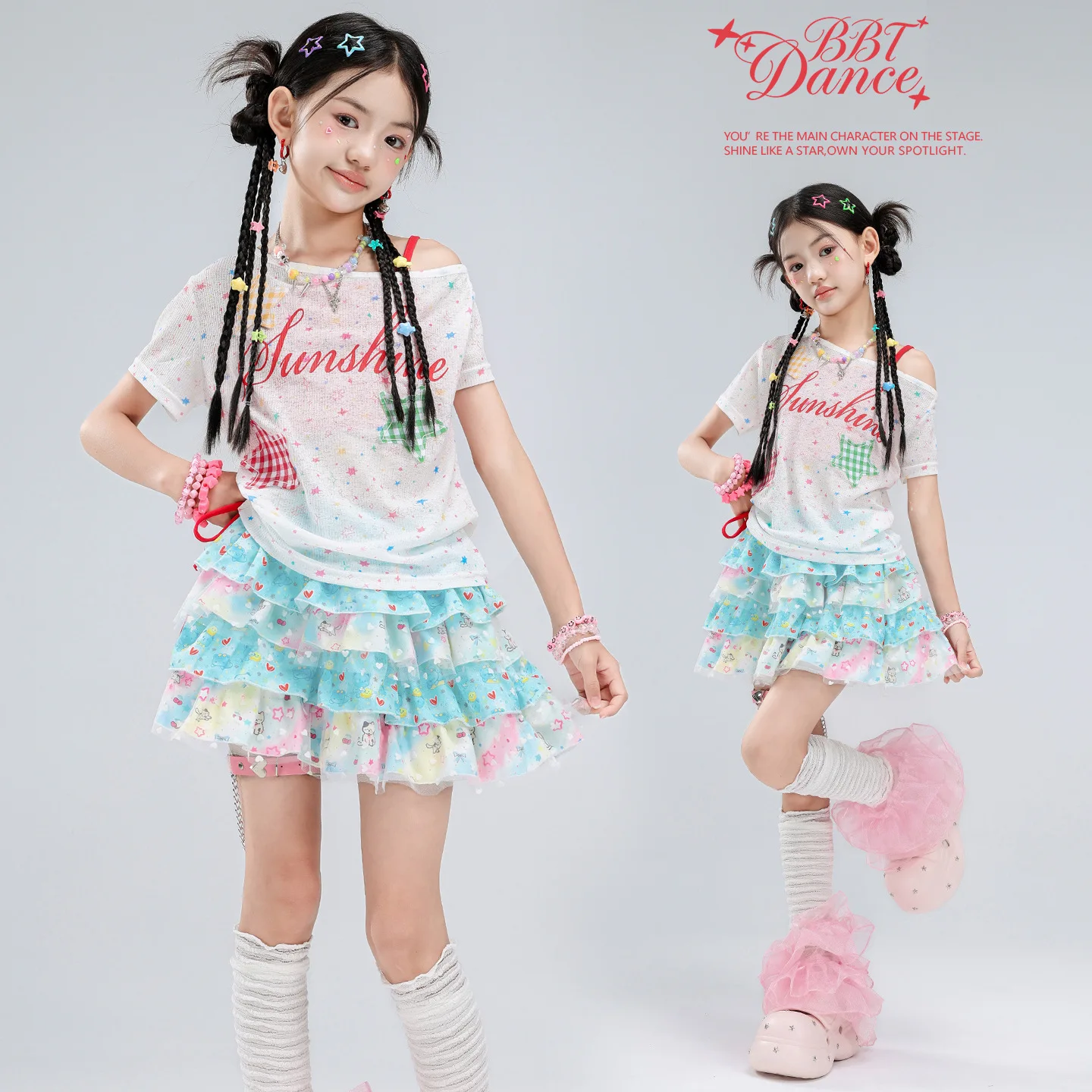 K-pop Girls Off Shoulder Crop Top Vest Dance Lace Skirts Kids Hip Hop Jazz Clothes Sets Children Streetwear Girl Group Costume