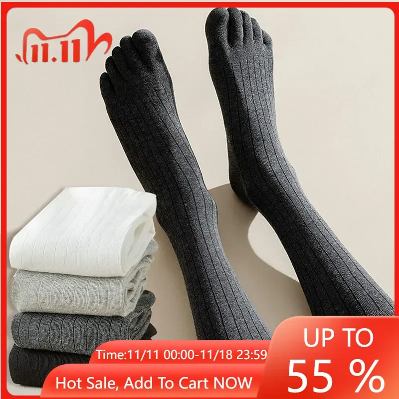 Fashion Knee High Five Finger Socks For Men Solid Color Striped Calf Socks Spring Summer Sweat absorption Split Toe Socks 5 Toes