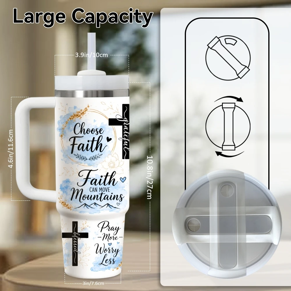 Faith Affirmations Vacuum Flasks 40oz Stainless Steel Insulated Tumbler with Handle Straw Lid Leakproof Travel Mug