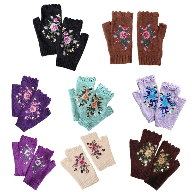 Winter Half Finger Gloves Knit Fingerless Mittens wth Thumb Hole Floral Embroidery Solid Color Hand Warmer for Women