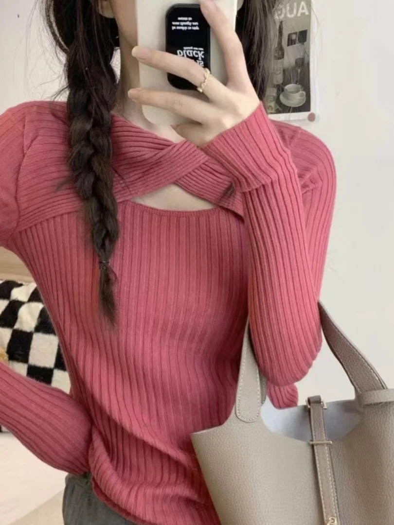 Хаки ажурный базовый слой вязаный свитер женский осенне-зимний приталенный длинный светящийся топ модный для похудения irt