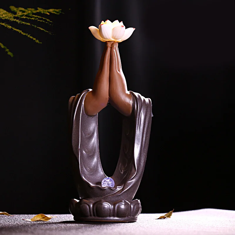 Gift 20Cones Creative Tearoom Yoga Decorations Handmade Zen Buddha Hand Lotus Backflow Incense Burner Mascot Led Incense Burner