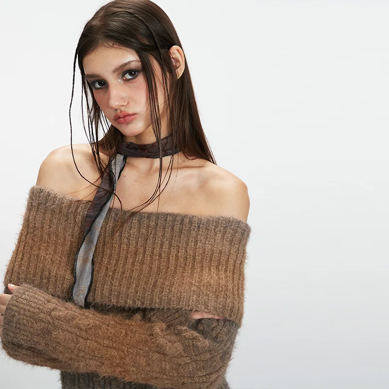 سترة محبوكة بأكمام طويلة مكشوفة الأكتاف على الطراز الأمريكي الجديد للنساء، بلوفر للخريف والشتاء #3