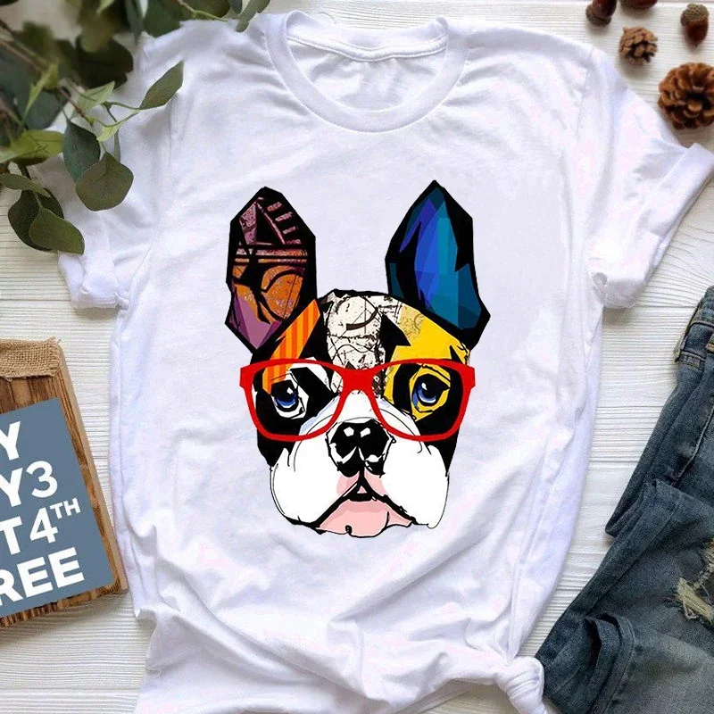 Women's French Bulldog T Shirt, Cute Cartoon Pit Bull Tee Shirt, Female France Shepherd T-shirts, Short Sleeve, New, Summer