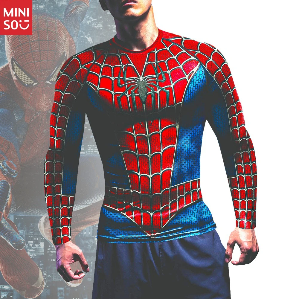 

Miniso Spider Web Print Men's Shirt | Big & Tall Compression Top, Cosplay Gym Wear