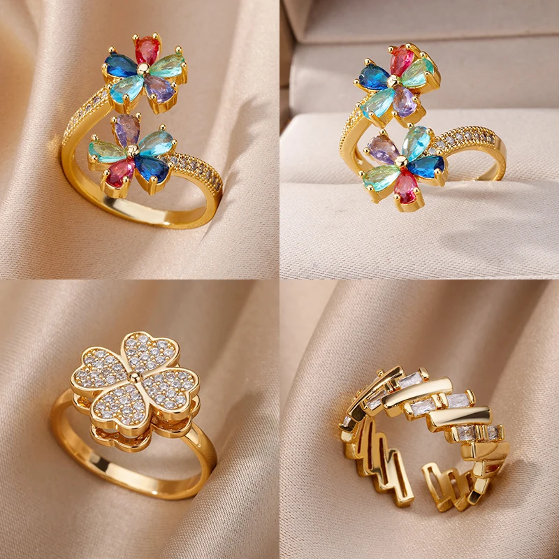 Zunderes-Bague Double Fleur pour Femme, Plaqué Or, Acier Inoxydable, Ouverture Fleur, Cadeau Bijoux Esthétique Mariage, Coloré, 2023