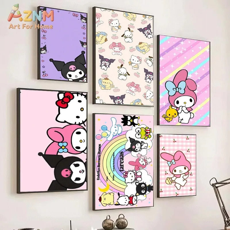 Sanrio Cute Cartoon Poster Kuromi My Melody Hello Kitty Purple Bow Cherry Plaid Background Canvas Wall Art No Frame Girls RooM