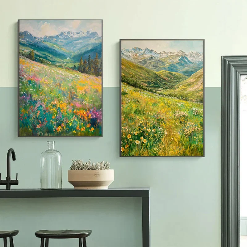 Wildflower Field Natural Daisy Floral Colorful Summer Poste Vibrant Mountain Scenery Canvas Painting for Living Room Home Decor