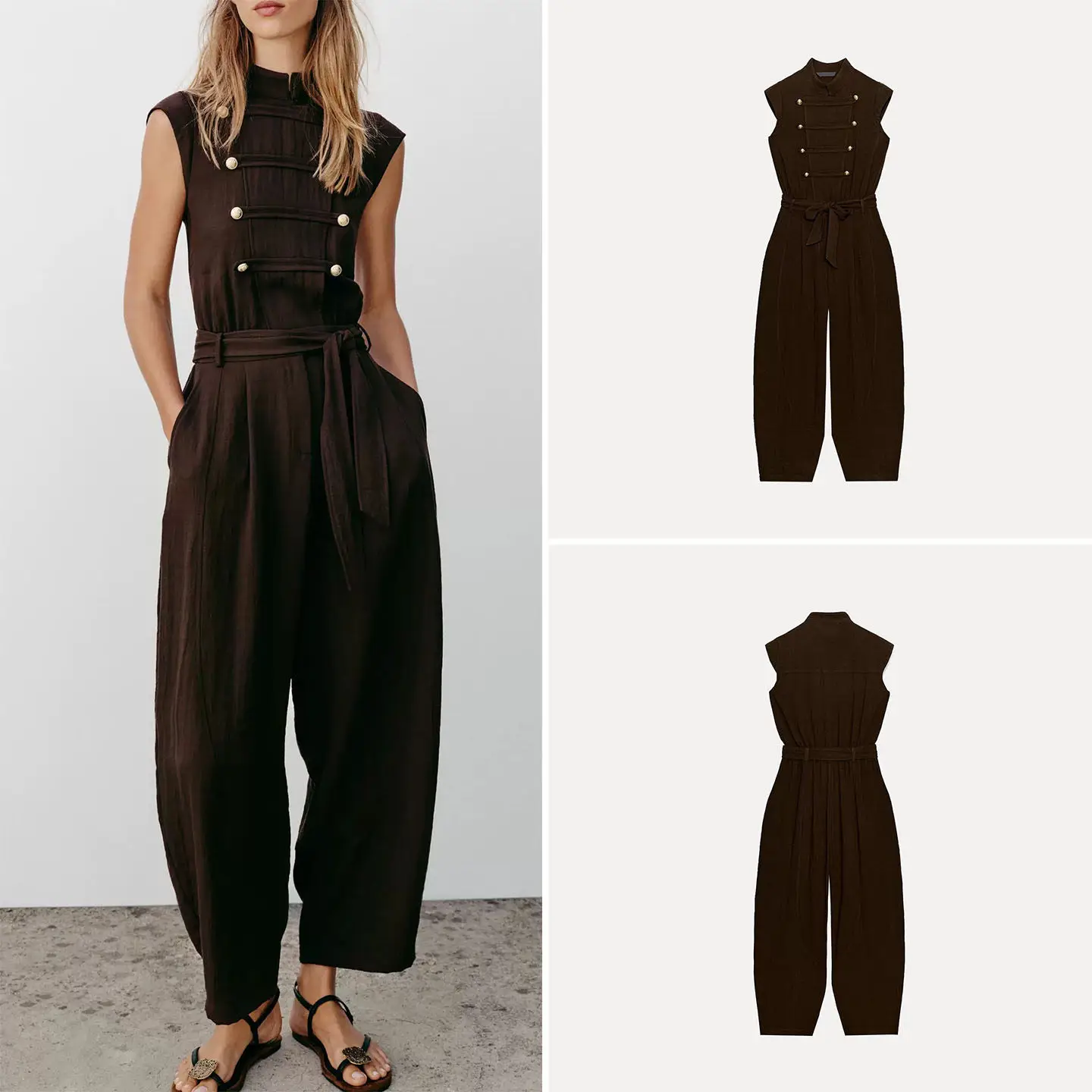 

Summer New Women's One-Piece Suit Wide Leg Sleeveless Stand Collar Napoleon Waist Belt High Waist Long Pants ZADATA Brand