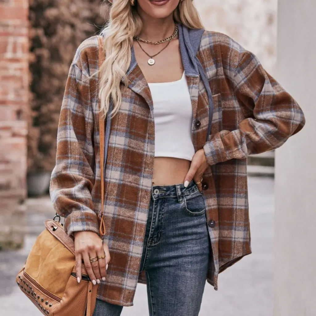 

Women's Geometric Pattern Flannel Casual Shirt Hooded Coat Fashion Supply Female Wholesale