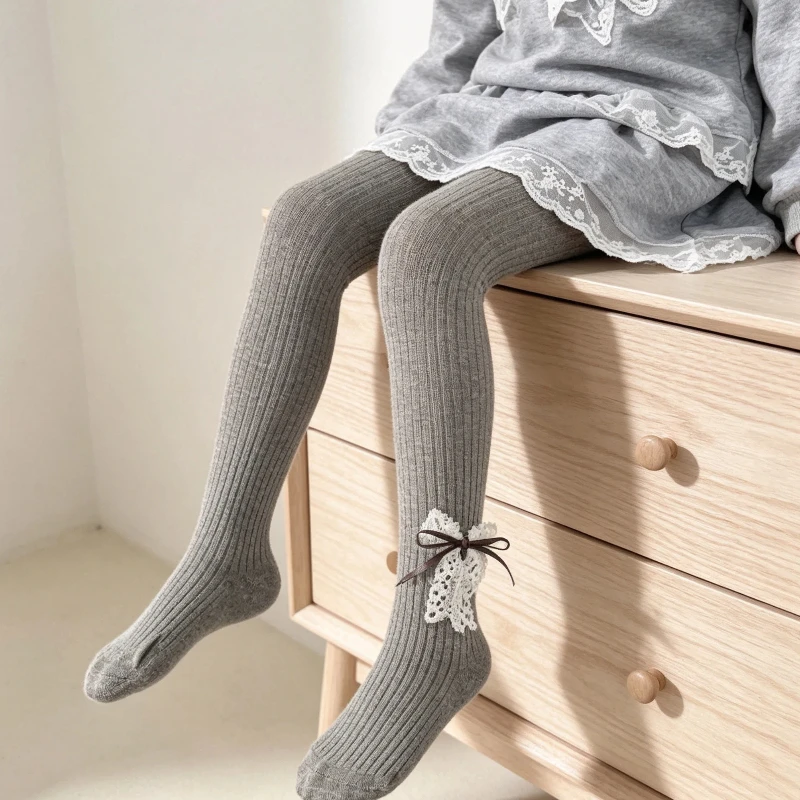 Cute Girls Solid Color Vertical Striped Footed Tights With Ribbon Lace Double Bow Ornaments Soft Elastic Skin-Friendly Pantyhose