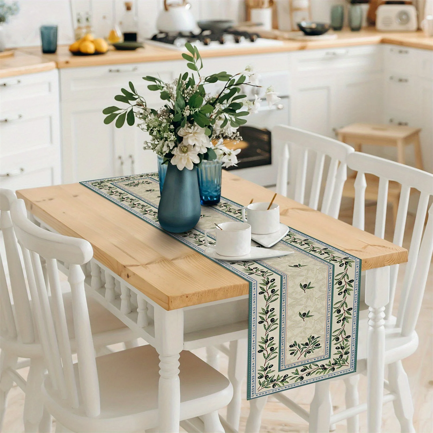 Olive Branch Print Linen Table Runner Holiday Party Decor Spring Summer Green Leaves Kitchen Dining Table Runner Home Decoration