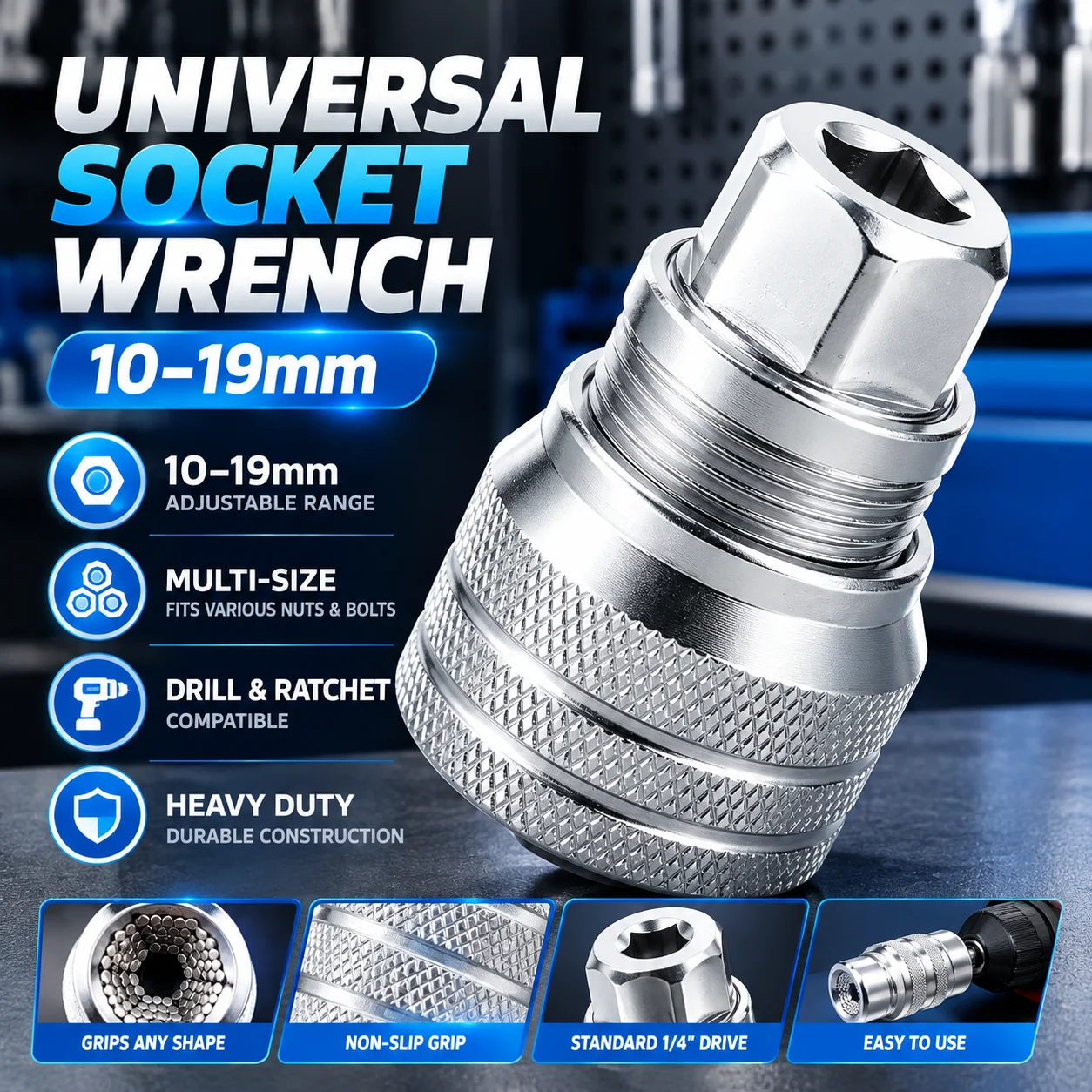 10-19mm Universal Adjustable Socket Wrench, Magic Socket Tool for Electric Drill Ratchet Nuts Bolts Repair Garage Workshop