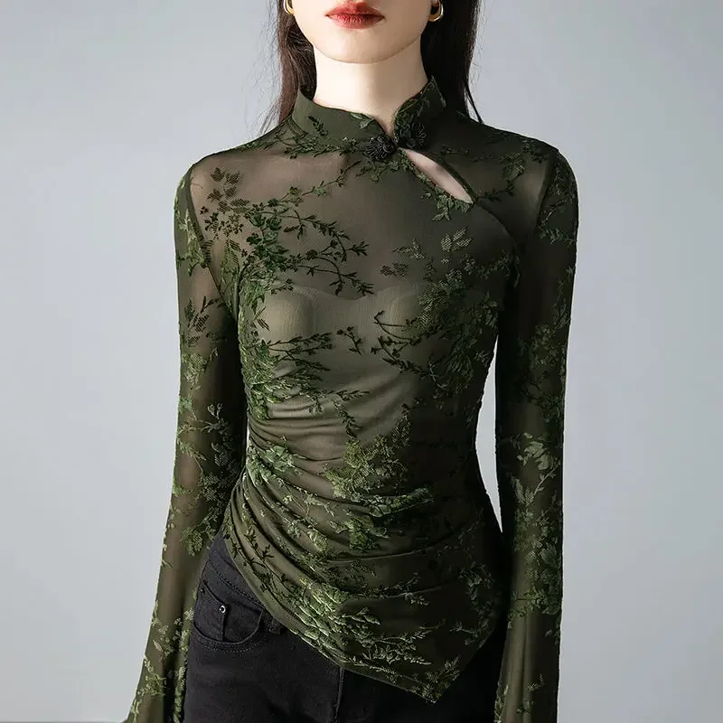 Stand Up Collar Mesh Undershirt Women's Irregular Printed Long Sleeved T-shirt XQ668