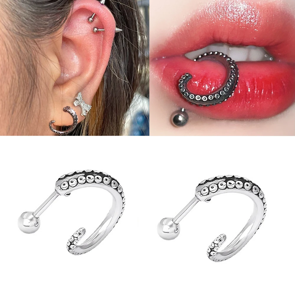 1/2PCS Stainless Steel Punk Squid Beard Lip Nails Tentacle Straight Earring Ear Labret Stud Cartilage Body Piercing Jewelry