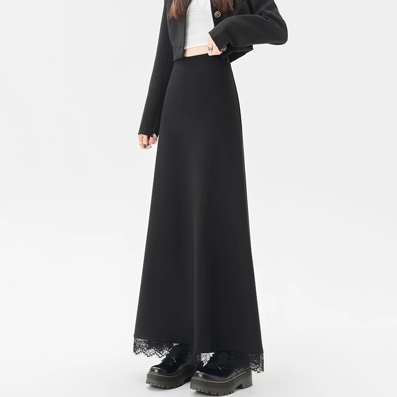 Zwarte kleur Eenvoudige half-body rokken Vrouwelijke hoog getailleerde A-lijn lange rok Woon-werkstijl Chique ontwerp Kanten rokken voor dames