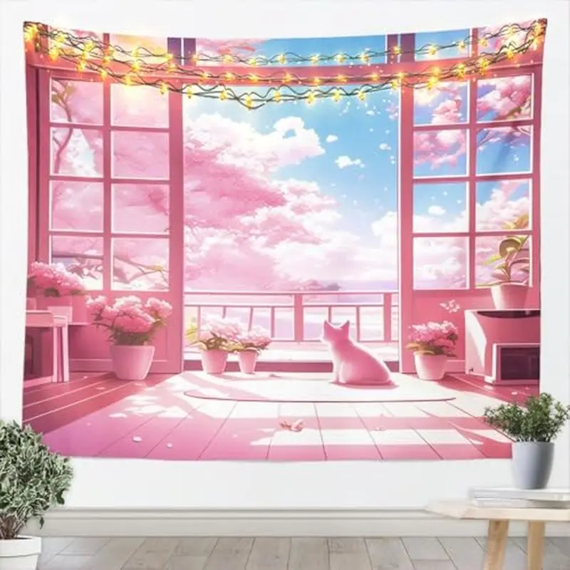 VIKAMA Pink Cherry Blossom Window Cat Wall Tapestry Sakura Tree Sky Cloud String Light Potted Plant Cute Kawaii Anime Aesthetic