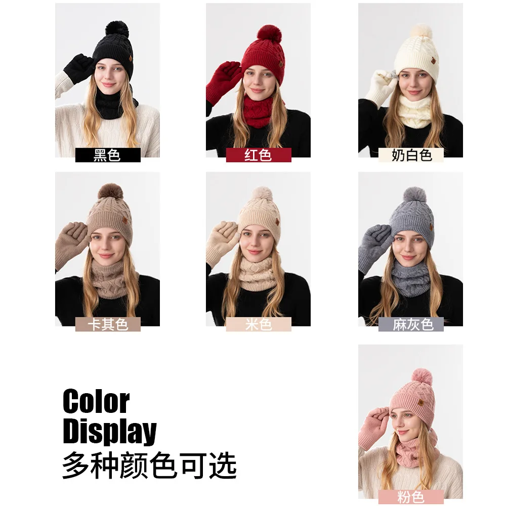 Women's Winter Fleece Lined Knit Hat Scarf Gloves Set Outdoor Riding Ear Cover Warm Beanie EU US view 3