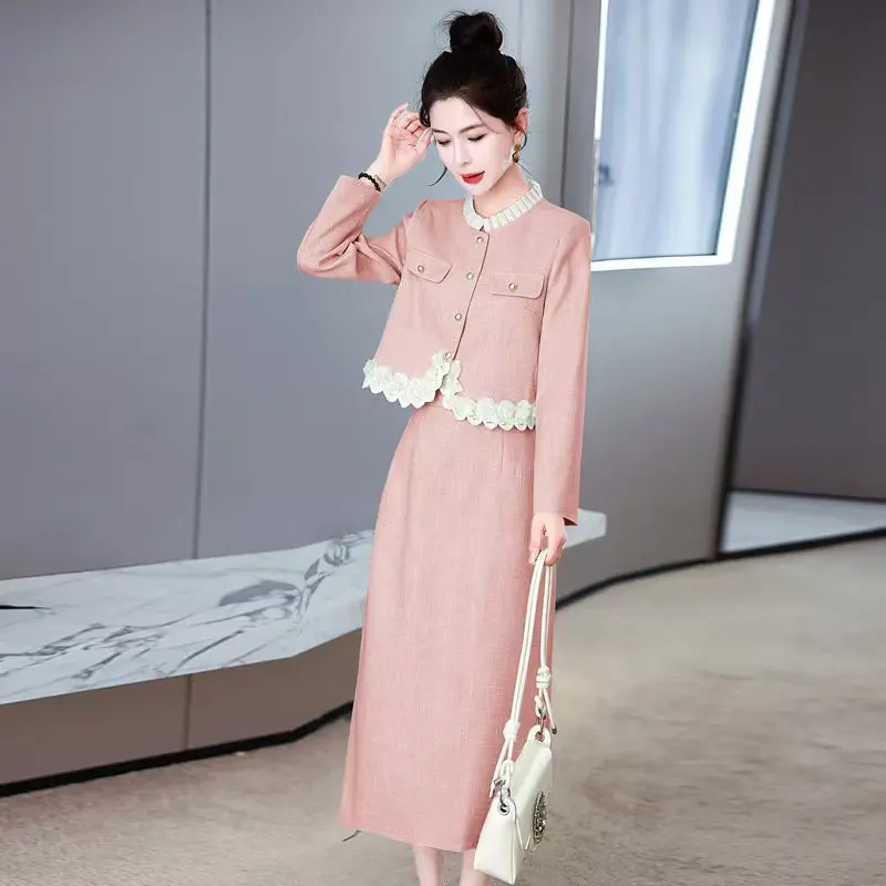 French Style New Fashion Women Autumn Winter 2 Piece Set Office Casual Sweet Outwear Jacket +Long Skirts Sets