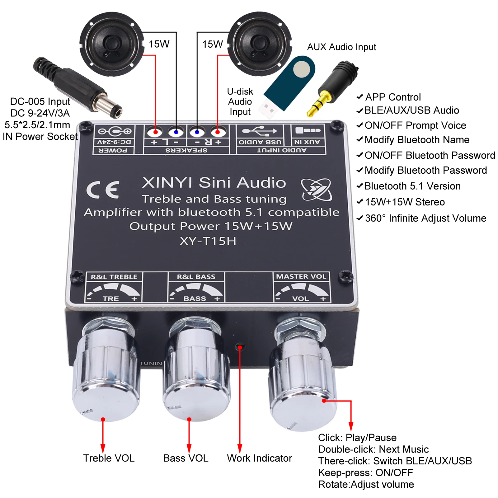 30W 60W Stereo Bluetooth-Compatible 5.1 Amplifier Board Adjustable Audio Amp 2.0 Stereo APP Control for DIY Speakers