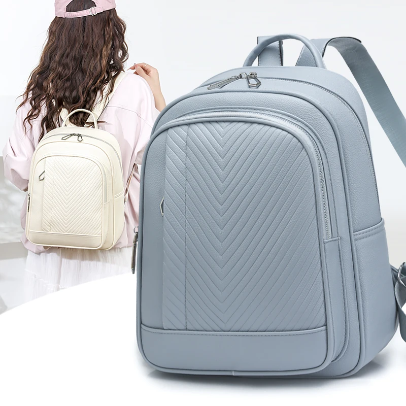 Vintage Style Quilted Leather Daypack Women Solid Lightweight Shoulder Backpack with Laptop Compartment Ladies Travel Handbag
