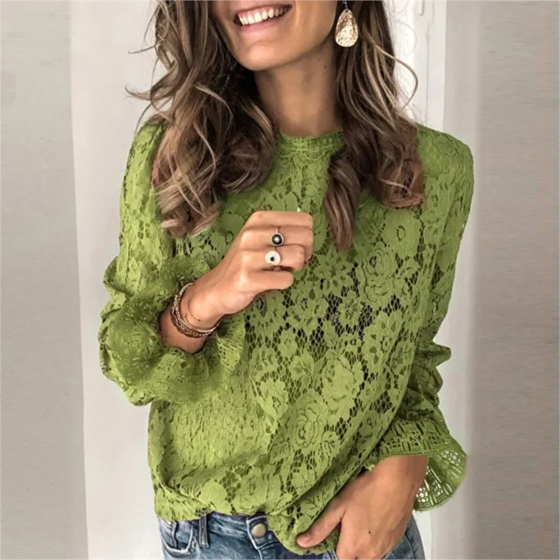 

2025Blusas Para Mujer Блузки для женщин Весна Осень Элегантные расклешенные блузки с длинными рукавами Рубашки Сексуальные женские полые сетчатые топы Blusa