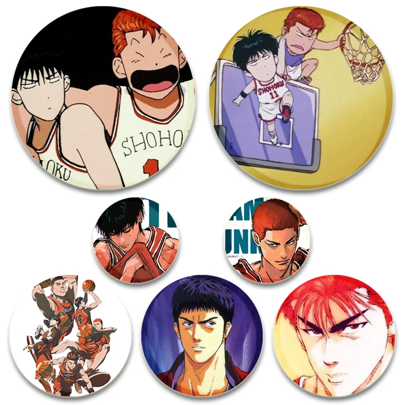 32/44/58mm Anime SLAM DUNK Brooches Pins Cosplay Sakuragi Hanamichi/Rukawa Kaede Badge Bag Accessories Jewelry Handmade Gift